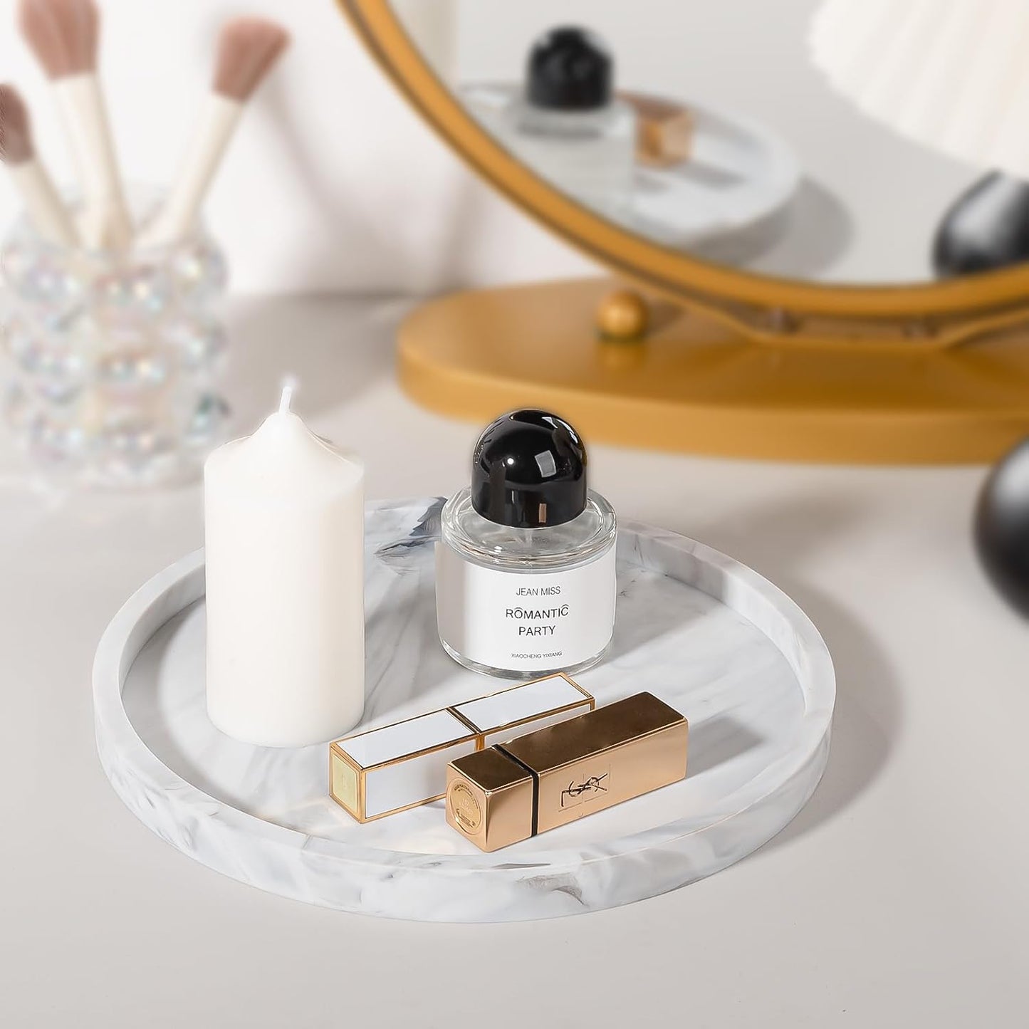 Silicone Bathroom Tray Round Vanity Tray Decorative Soap Holder Kitchen Countertop Organizer Coffee Table Decor for Candle, Perfume, Plant, 9 Inch, Black