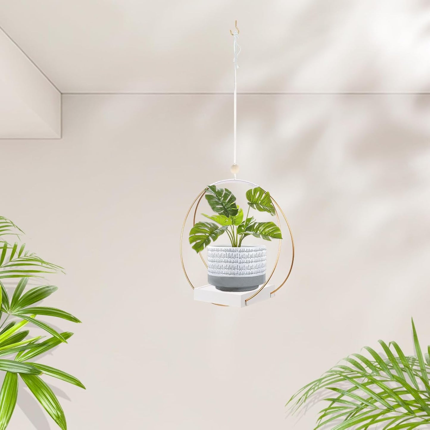 Hanging Planter for Indoor Plants, Black Plant Hanger Indoor with Sturdy Wood Base, Modern Boho Macrame Plant Hanger for 3-5.5 Inch Pot, Hanging Wall Ceiling Window Home Decor (Pots Not Included)