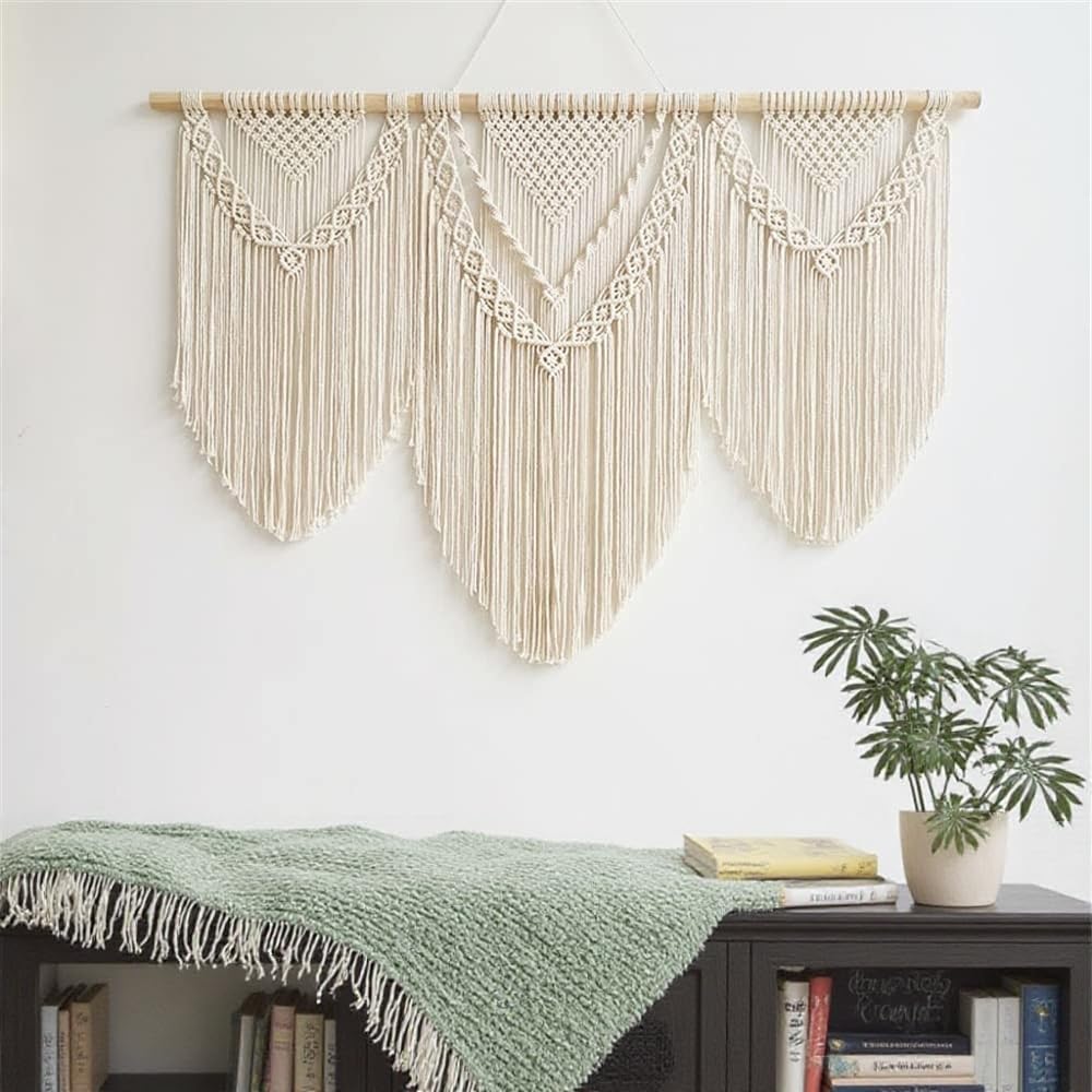 oiikain Large Handmade Boho Macrame Wall Hanging Tapestry - Chic Bohemian Woven Home Decor art for Living Room, Bedroom, and Wedding Parties (Beige, twelve rhombus)