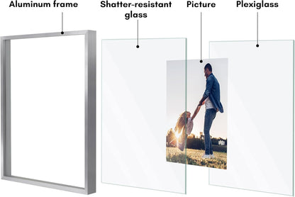 Americanflat Aluminum 11x14 Floating Picture Frame with Shatter-Resistant Glass - Use as 8x10 Picture Frame or Display 11x14 Photo - Signature Float Collection - Photo Frames for Wall Display - Black