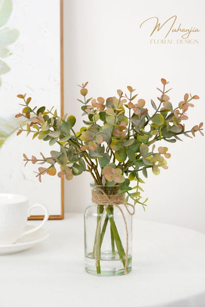 Muhanjia Artificial Eucalyptus Stems in Glass Vase with Faux Water,3Pcs Fake Plant with Double-Sided Green Leaves for Centerpiece(Double-Sided Green Eucalyptus)