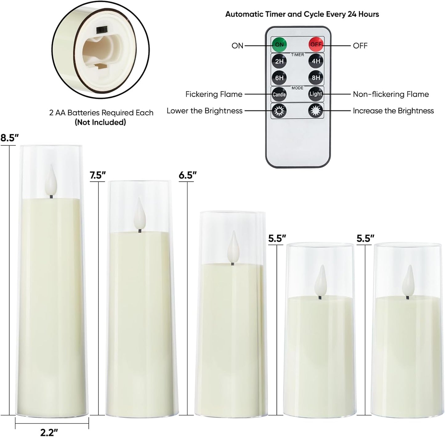 Amagic Pure White Flameless Candles, Battery Operated Candles, Acrylic Flickering LED Pillar Candles with Remote Control and Timer, 3D Wick, Yellow and Blue Glow, D2.2 xH5 5" 6" 7" 8", Set of 5