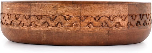 EDHAS Mango Wood Decorative Round Carved Bowl for Decoration, Centerpiece Bowl for Table (10" x 10" x 2.5")