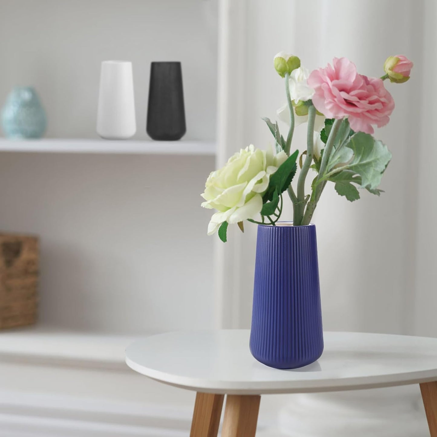 White Ceramic Vase, GUKJOB Small Cute Flower Vase for Pampas Grass, Home, Living Room, Dining Table, Farmhouse, Office Decor, Bedroom, Table, and Kitchen Shelf (White)