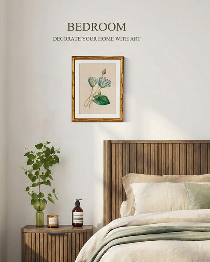 InSimSea Gold Bamboo Framed Canvas Wall Art, Retro Blue Hydrangea Botanical Prints, Antique Flowers Picture Frame with Mat, Victorian Home Wall Decor for Kitchen Living Room Bedroom, 11x14inch
