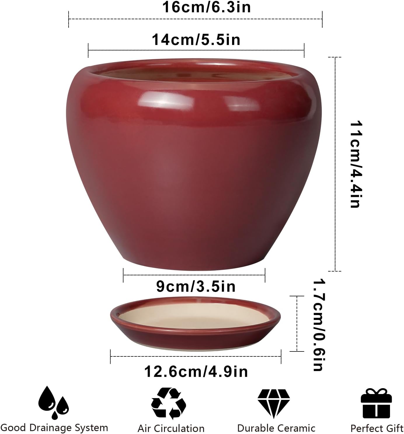 Ceramic Modern Glaze Succulent Planter Pot with Drainage Hole and Saucer 6 Inch Round Flower Plant Pot for Indoor Outdoor Herb Snake Plants
