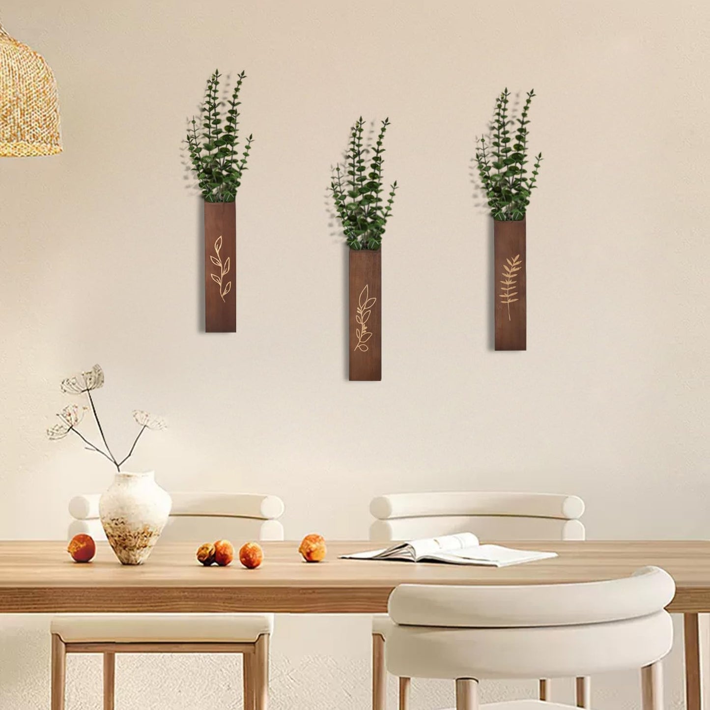 Wooden Wall Planter Set of 4 - Modern Home Decor for Living Room, Bedroom, Bathroom - Walnut Finish Planter for Dried Flowers, Faux Greenery, Indoor Plants