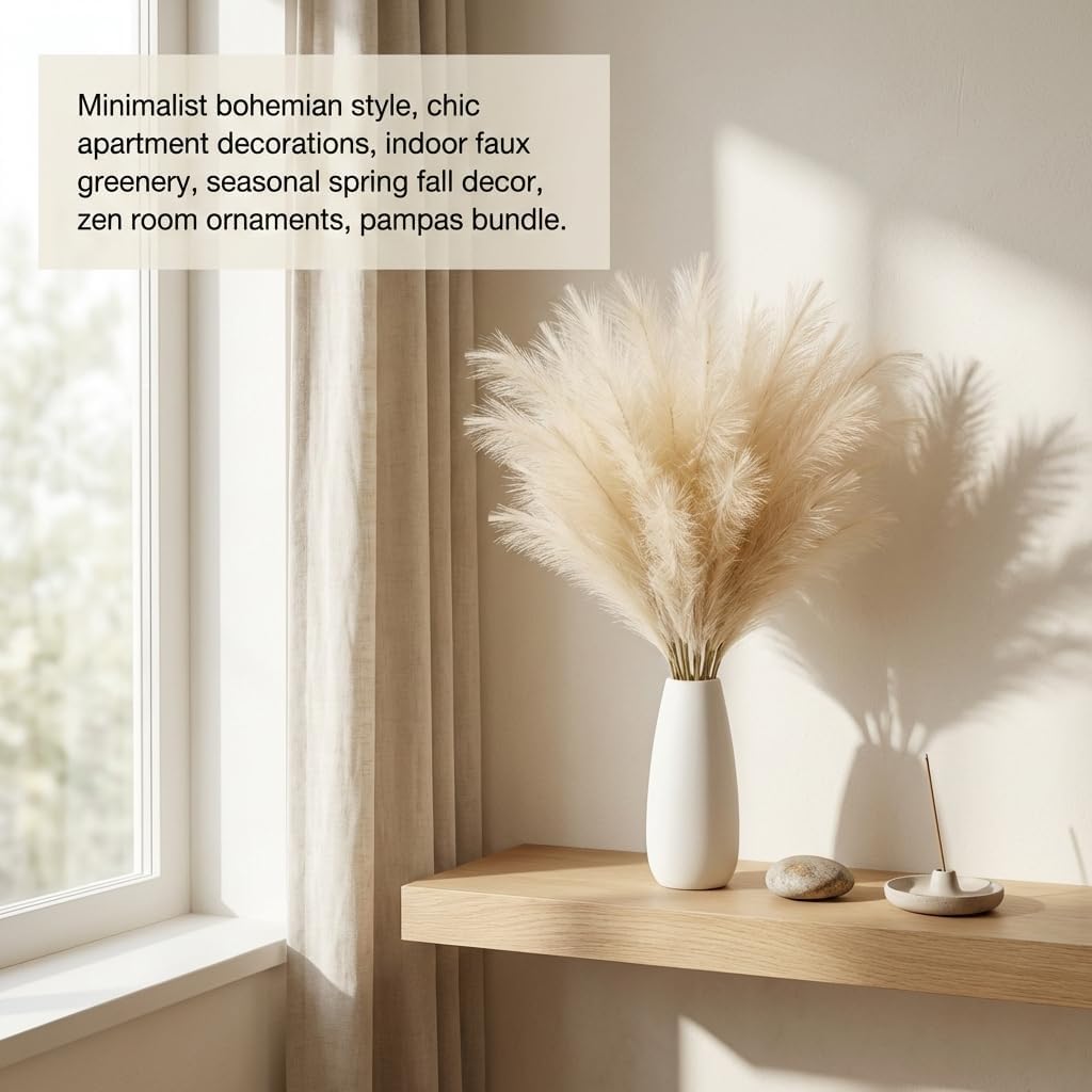 Pampas Grass Decor 21.7 Inch 30pcs, Faux Pampas Grass White Beige Brown Ultra Fluffy No Shedding for Boho Home Bedroom Wedding Vase Filler Dried Flower Arrangement