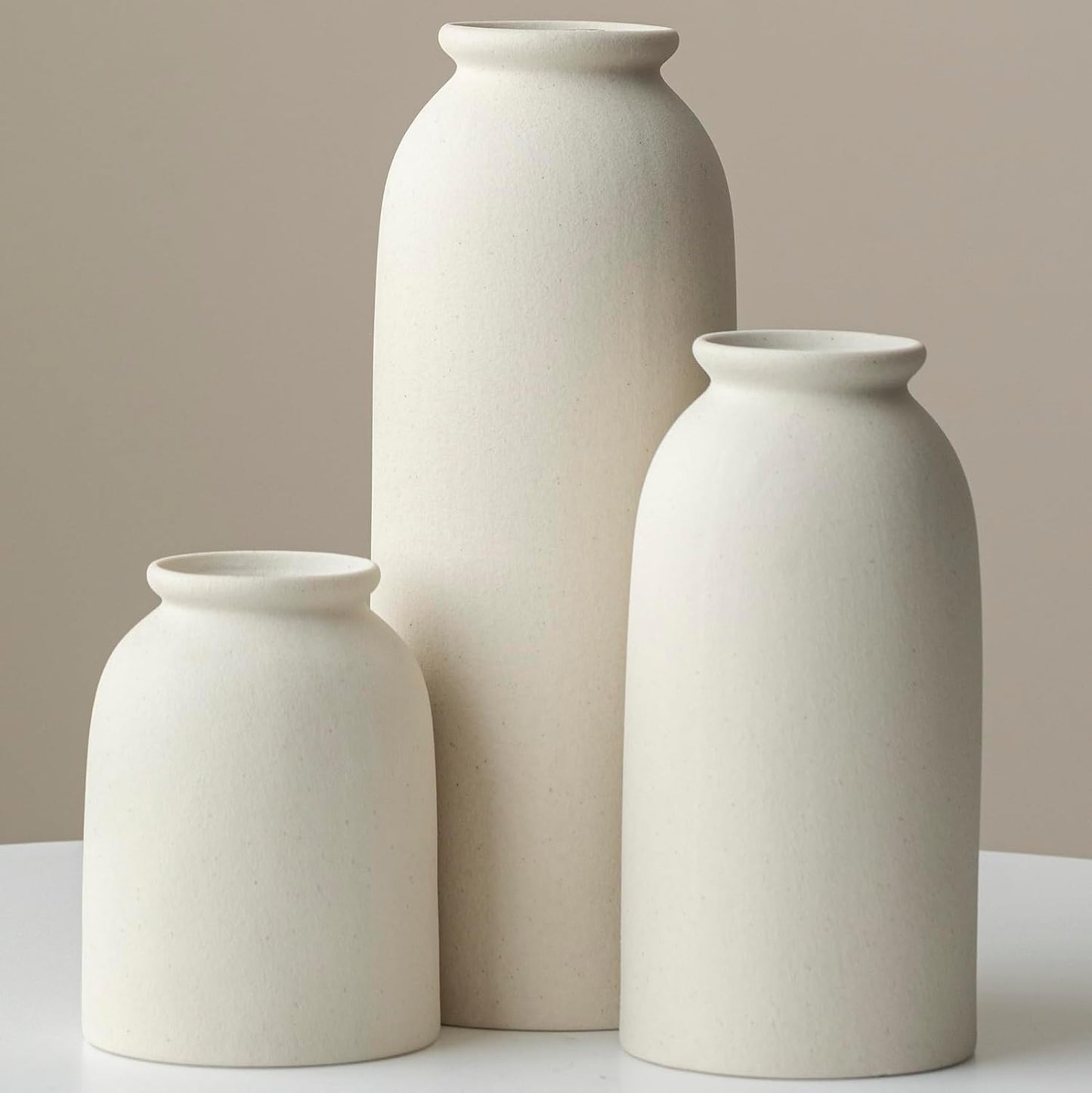 Ceramic Vase Set-3, Small Flower Vases for Decor, Modern Boho Farmhouse Style, Decorative Vases for Pampas Grass & Dried Flowers, Distressed Finish (Beige)