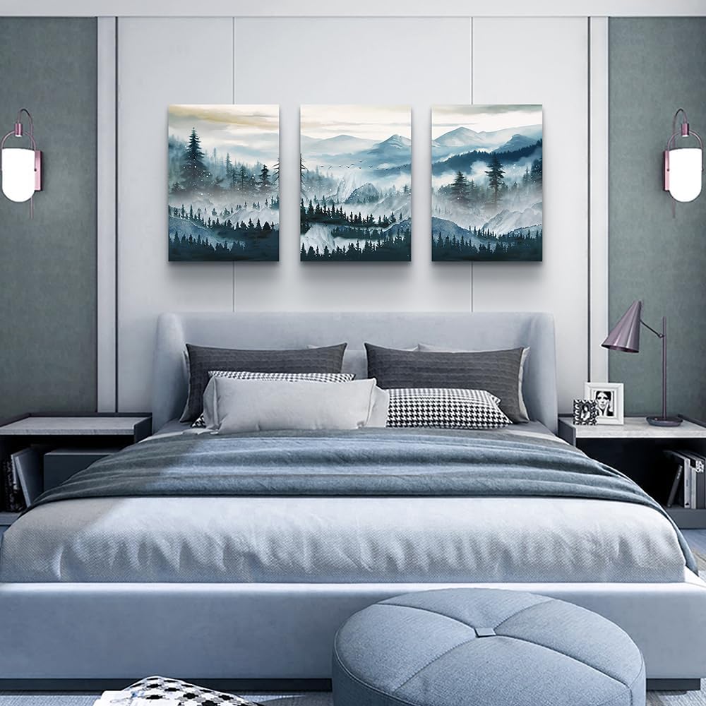 MHARTK66 Wall Art for Living Room Modern Wall Decor for Bedroom Office Decor Abstract Mountain Forest Landscapes Ink Painting 3 Piece Framed Canvas Art Prints Ready to Hang Wall Pictures Home Decor