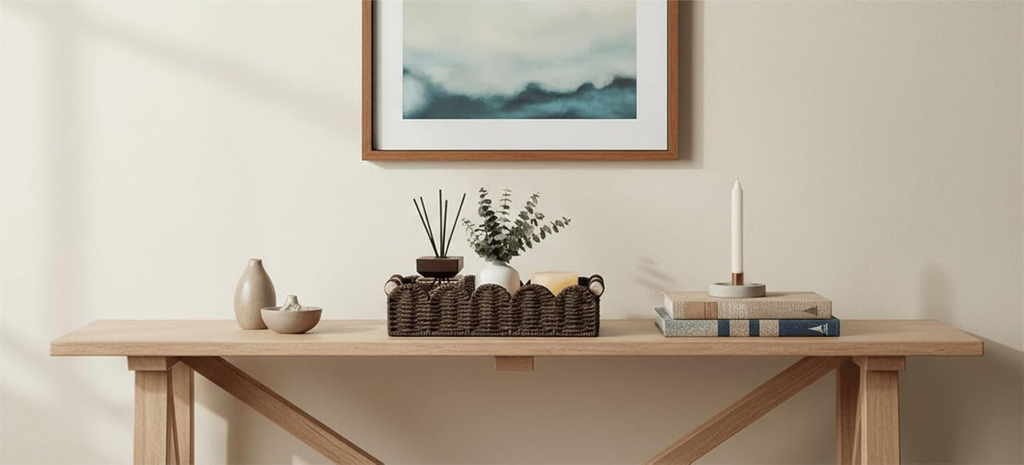 CubesLand Paper Rope Scalloped Edge Toilet Paper Storage Basket, Small Living Room, Bedroom Decor Baskets for Over Toilet Storage Shelf, End Table, Shelves and More, with 2 Wooden Handle, Neutral