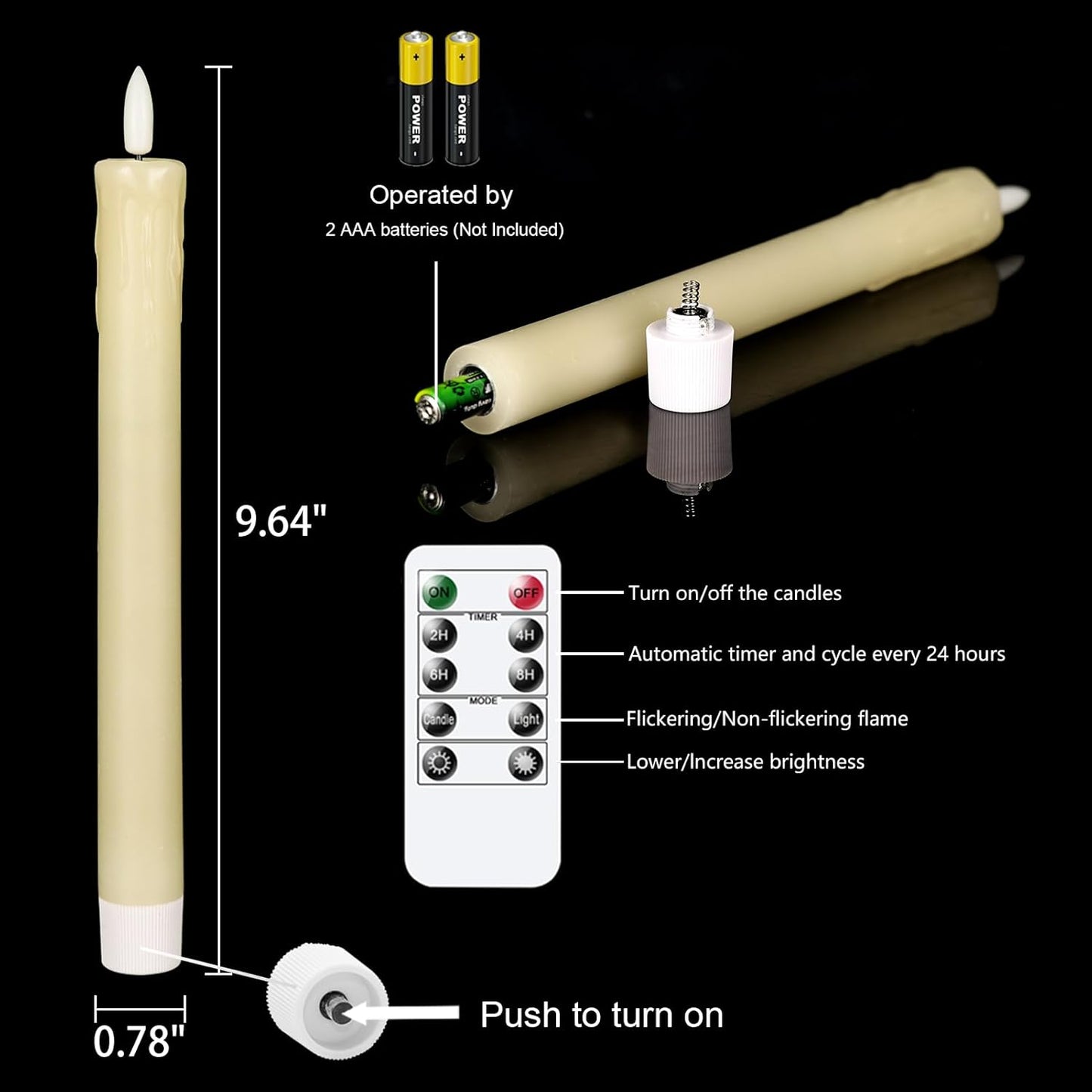 GenSwin Flameless Ivory Taper Candles Flickering with 10-Key Remote, Battery Operated Led Warm 3D Wick Light Window Candles Real Wax Pack of 6, Christmas Home Wedding Decor(0.78 X 9.64 Inch)