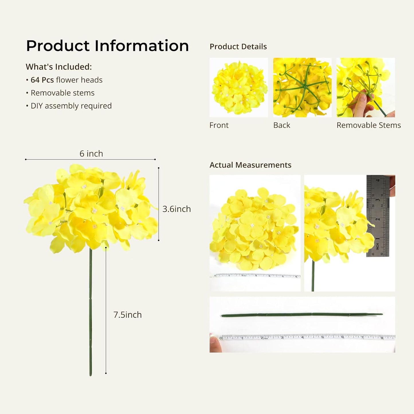 Auihiay 64 PCS Artificial Hydrangea Flowers, Silk Hydrangea Full Flowers Heads with Stems for Wedding Centerpieces, Home, Garden, Baby Shower, Party Decoration (Ivory)