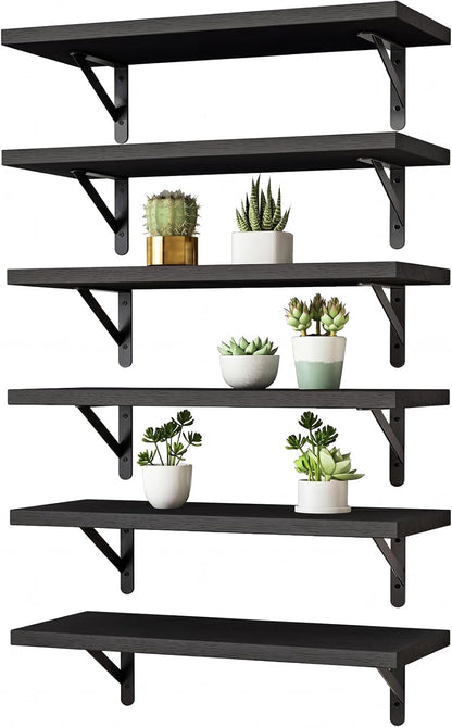 YGEOMER Brown Floating Shelves for Wall, 16.5 Inch Farmhouse Wall Shelves for Bedroom, Bathroom Storage, Living Room and Kitchen Decor (Set of 6 Brown)