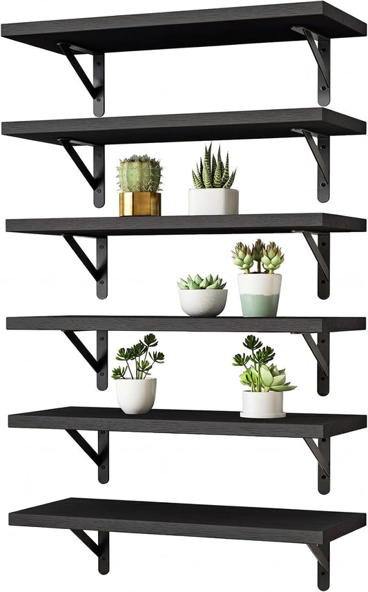 YGEOMER Brown Floating Shelves for Wall, 16.5 Inch Farmhouse Wall Shelves for Bedroom, Bathroom Storage, Living Room and Kitchen Decor (Set of 6 Brown)