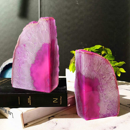 JIC Gem Dyed Blue Agate Bookends Geode Decorative Book Ends for Heavy Books with Rubber Bumpers for Office and Home Decoration Polished Small Size 2 to 3 Lbs