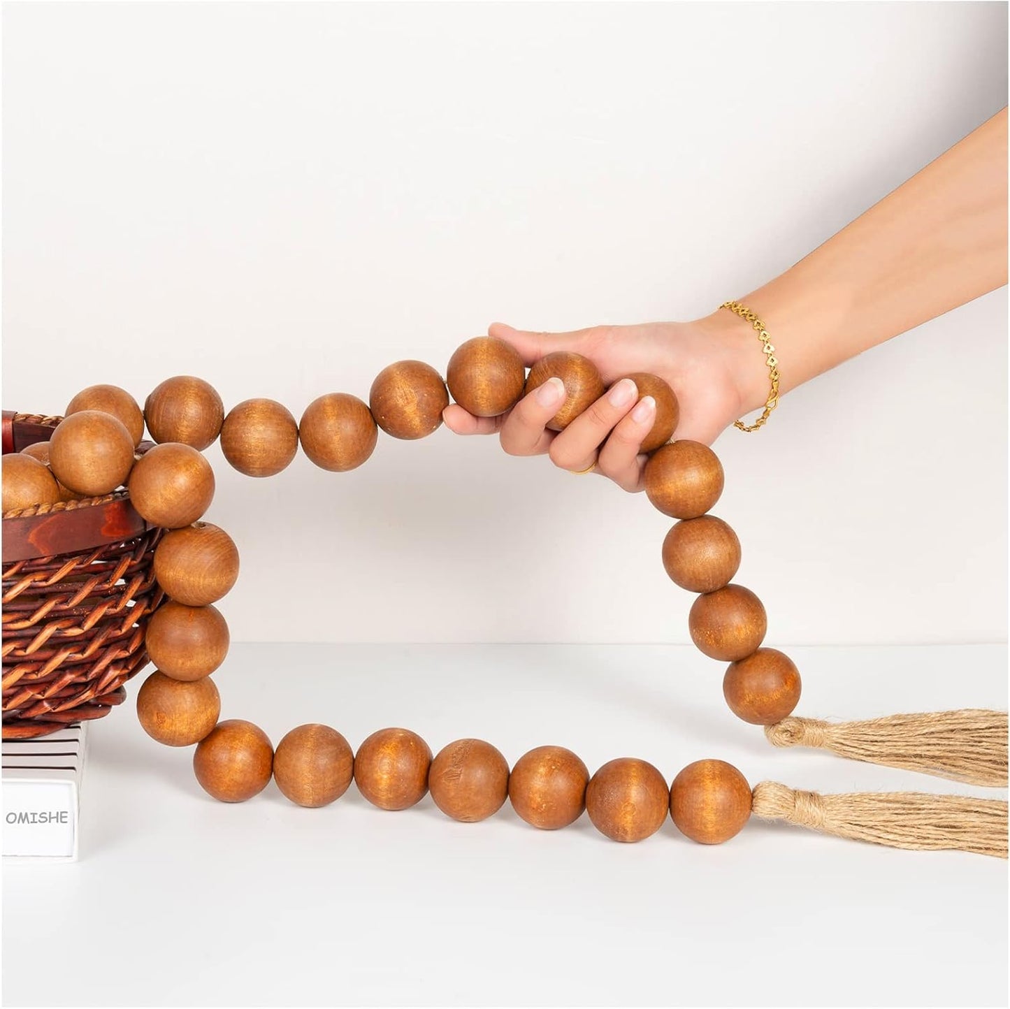 OMISHE Extra Large Wood Bead Garland with 1.6" Diameter Wooden Beads and Tassels, 41" Long Rustic Farmhouse Country Decorative Beads for Home Tiered Tray Decor, Natural Beige