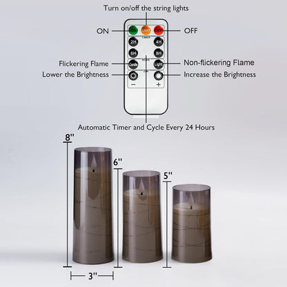 Homemory Flameless Candles with Embedded Star String Fairy Lights, Battery Operated Candles, LED Candle, Fake Candles with Remote Control and Timer for Halloween, Gray Acrylic, Set of 5(H4"5"6"8"8")