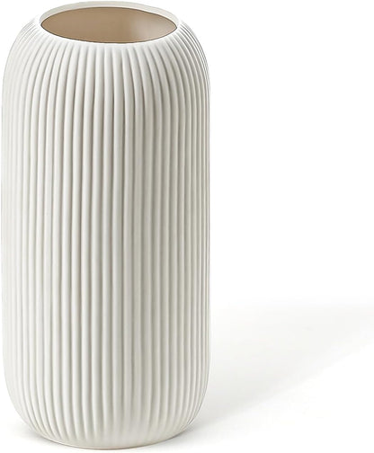 Bohemian White Ceramic Vase - for Pampas Grass, Mantel, Bookshelf, Entryway and Living Room Decor (White, 7in)