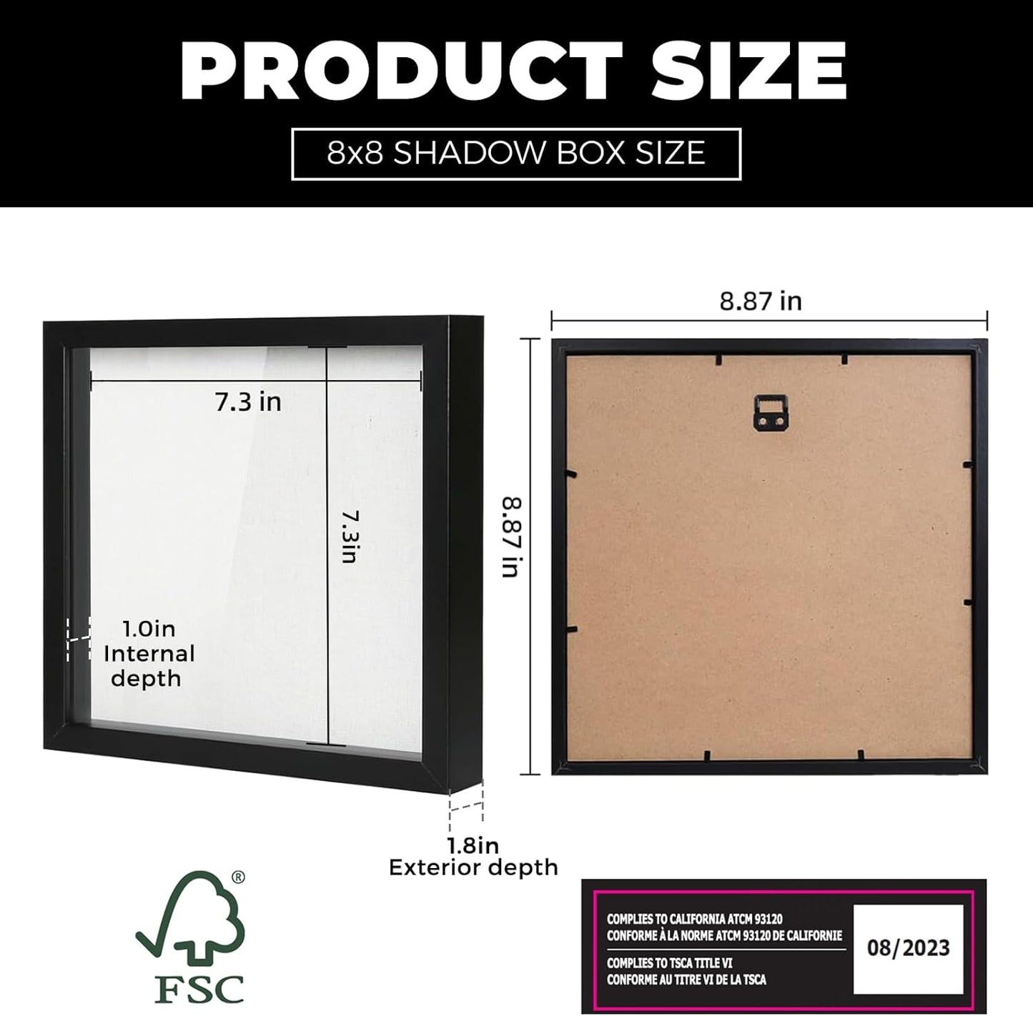 Muzilife 8x8 Shadow Box Picture Frame with Linen Board - Deep Wood & Glass Display Case Ready to Hang Memory Box Baby Sports Memorabilia, Pins, Awards, Medals, Wedding, Tickets and Photos (Black)
