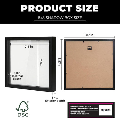 Muzilife 8x8 Shadow Box Picture Frame with Linen Board - Deep Wood & Glass Display Case Ready to Hang Memory Box Baby Sports Memorabilia, Pins, Awards, Medals, Wedding, Tickets and Photos (Black)