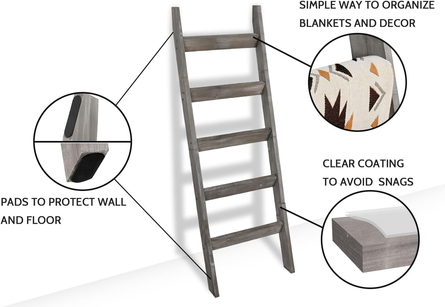 FUIN 5ft (58") Wood Blanket Ladder Living Room Decorative Wall Leaning Farmhouse Quilt Display Holder Storage Rustic Wooden Towel Rack for Bathroom, Brown