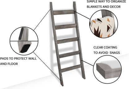 FUIN 5ft (58") Wood Blanket Ladder Living Room Decorative Wall Leaning Farmhouse Quilt Display Holder Storage Rustic Wooden Towel Rack for Bathroom, Brown