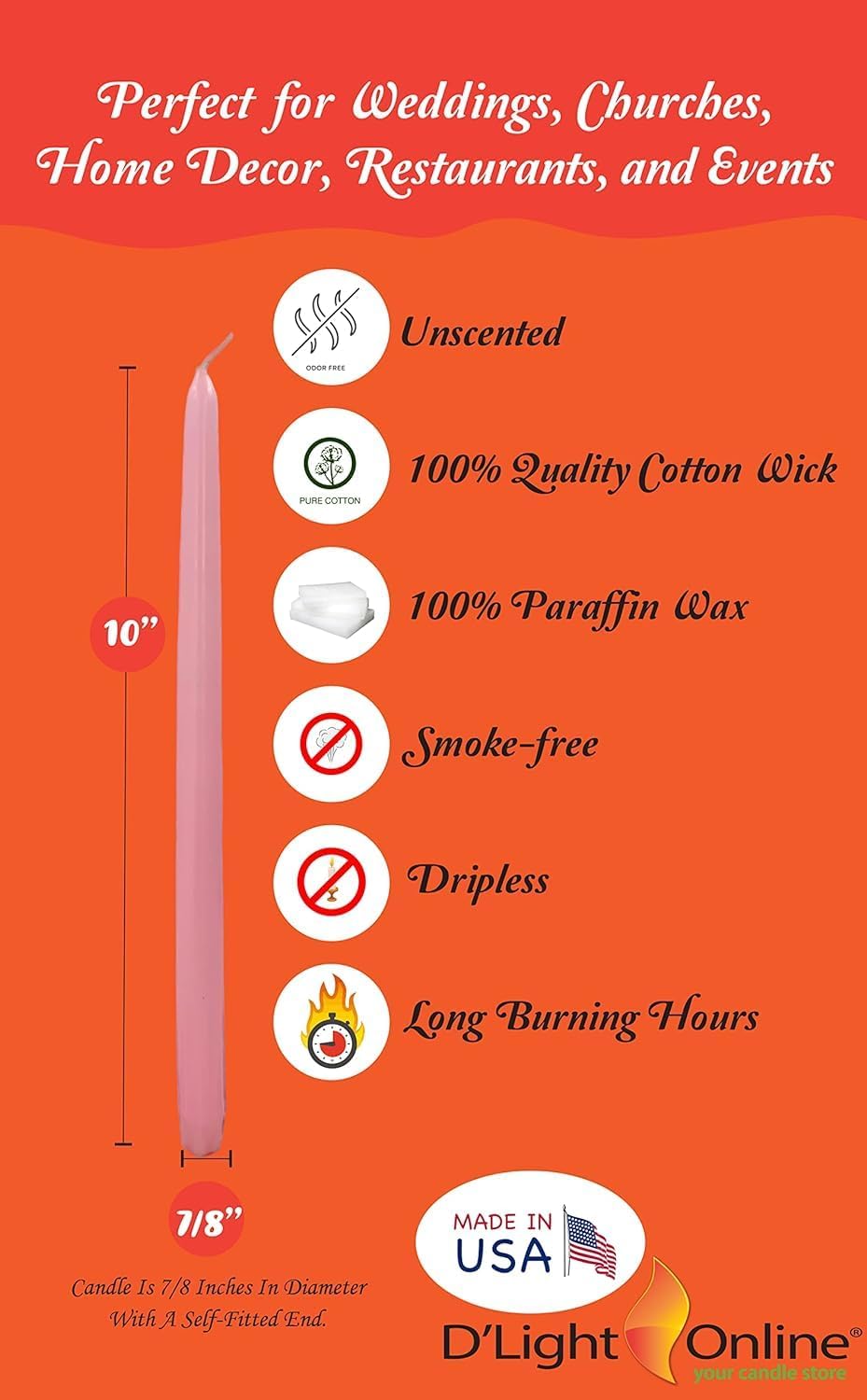 D'light Online White Taper Candles, 10 Inch Premium Quality Candles Hand-Dipped Tapered Candles, Dripless, Smokeless and Unwrapped Bulk Pack for Events - Set of 12 (10 Inch, White)