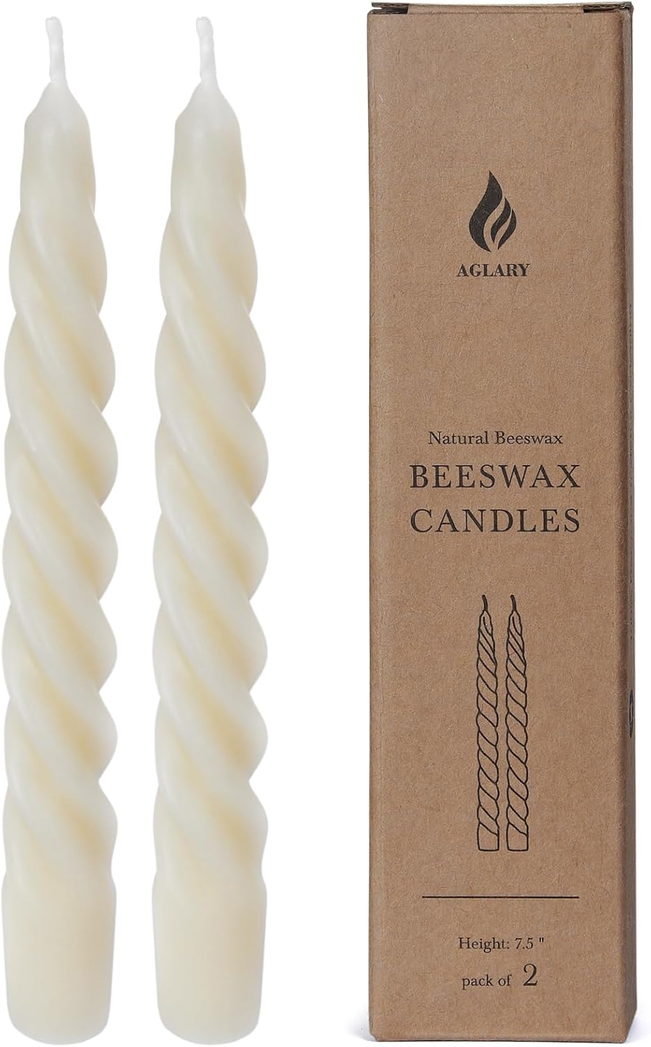 2PCS 7-Inch Pure Beeswax Spiral Taper Candles, Twisted Stick Candles, Dripless & Unscented for Weddings, Christmas, Dinner, Meditation - White