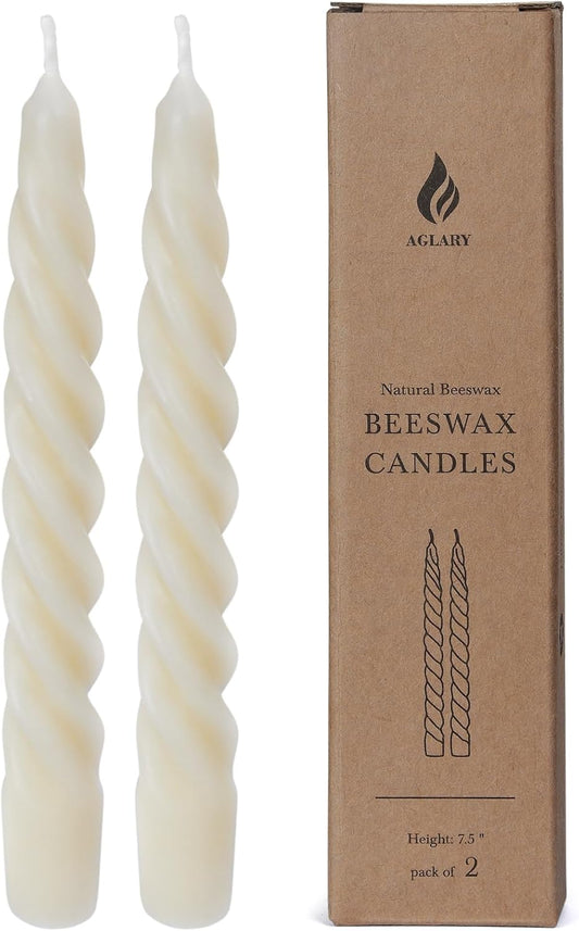 2PCS 7-Inch Pure Beeswax Spiral Taper Candles, Twisted Stick Candles, Dripless & Unscented for Weddings, Christmas, Dinner, Meditation - White