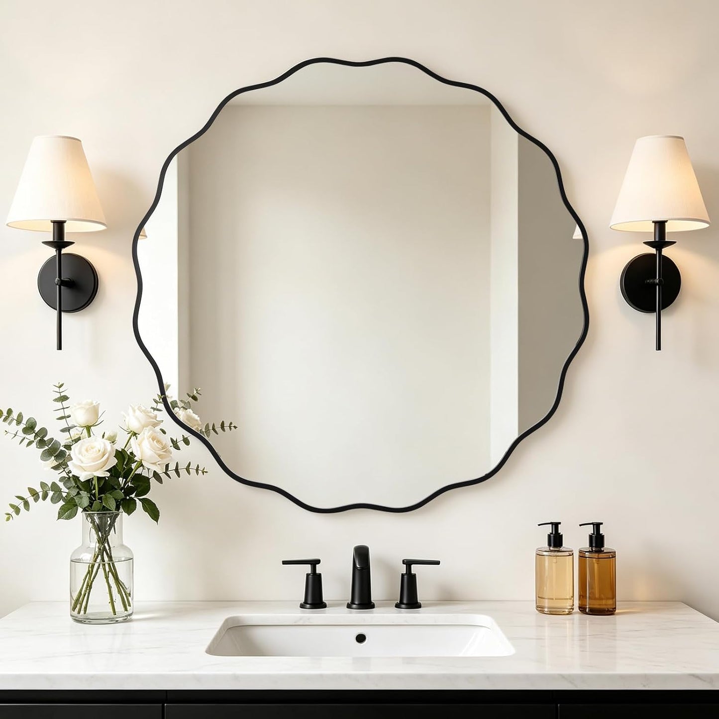 WallBeyond Round Wavy Mirror for Wall Decorative 24 inch, Modern Round Mirror Aluminum Frame for Bathroom Bedroom Living Room Home House Office Entryway, Gold