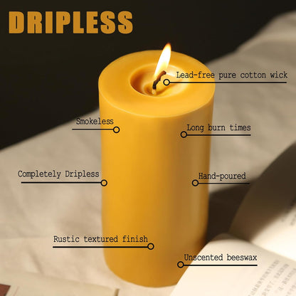 Natural Beeswax Candles 4 Packs, Beeswax Pillar Candles with 140 Hours Burn Time, Organic Emergency Candle Long Burning for Home Room, Smokeless & Dripless, 2x4 inch