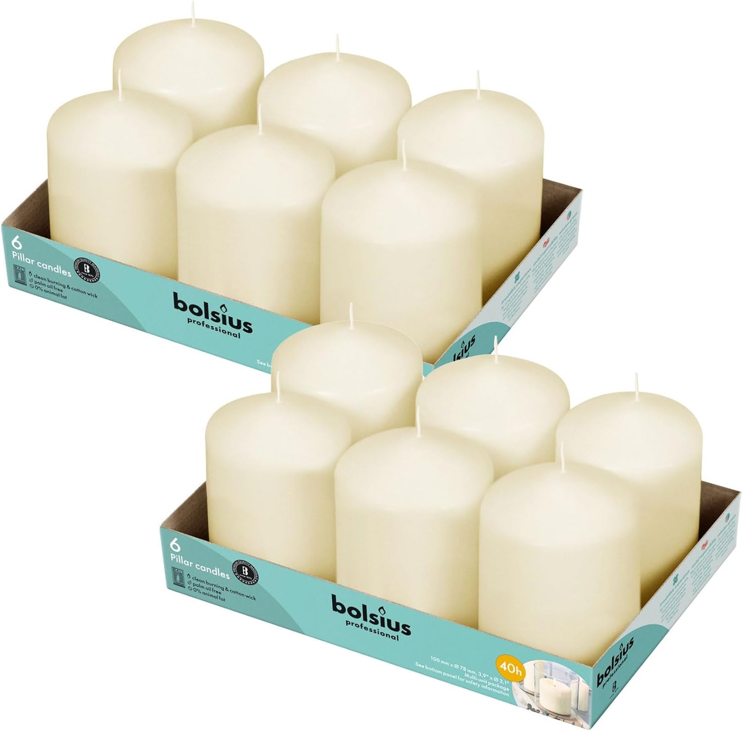 BOLSIUS 6 Ivory Pillar Candles Bulk - 3x4 Inches Candle Set - 40+ Hours Clean Burning - No Palm Oil - 0% Animal Fat - Premium European Quality - Unscented Dripless Restaurant Pillars