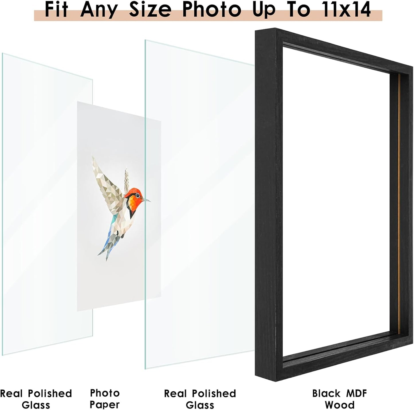 MUYE 11x14 Floating Frame Set of 2,Double Glass Rustic Frame,Display Any Size Photo up to 11x14,Wall Mount or Tabletop Standing,Natural