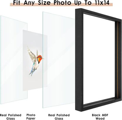 MUYE 11x14 Floating Frame Set of 2,Double Glass Rustic Frame,Display Any Size Photo up to 11x14,Wall Mount or Tabletop Standing,Natural