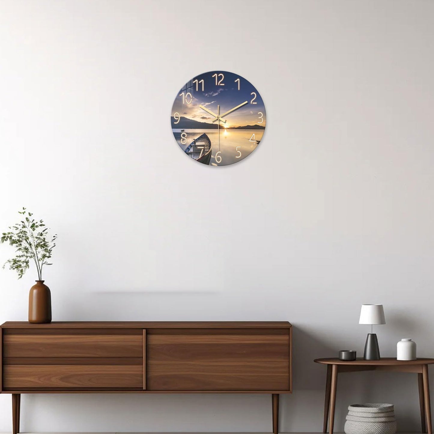 Beach Wall Clock Battery Operated 12 Inch Glass Wall Clock Non Ticking Analog Blue Wall Clocks for Bedroom Living Room Office Decor