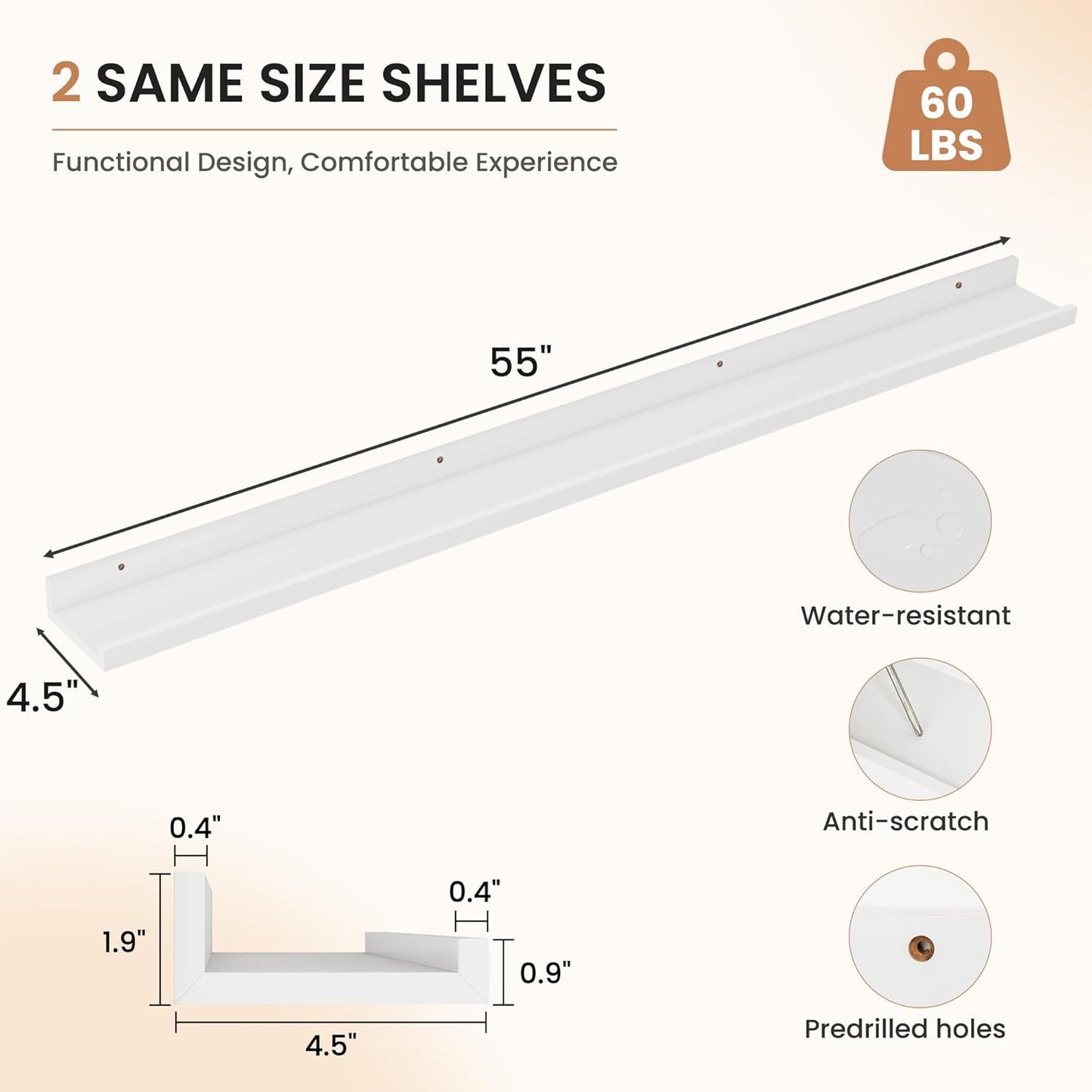 Dreamland Picture Ledge Shelf for Wall, Floating Shelves Set of 2, 48 Inch Long Floating Shelves with Lip for Living Room, Bedroom, Bathroom, Kitchen, White