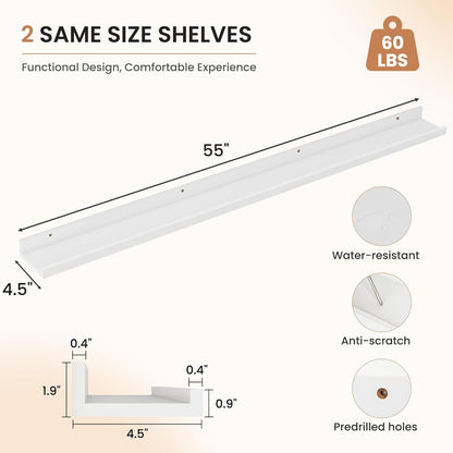 Dreamland Picture Ledge Shelf for Wall, Floating Shelves Set of 2, 48 Inch Long Floating Shelves with Lip for Living Room, Bedroom, Bathroom, Kitchen, White