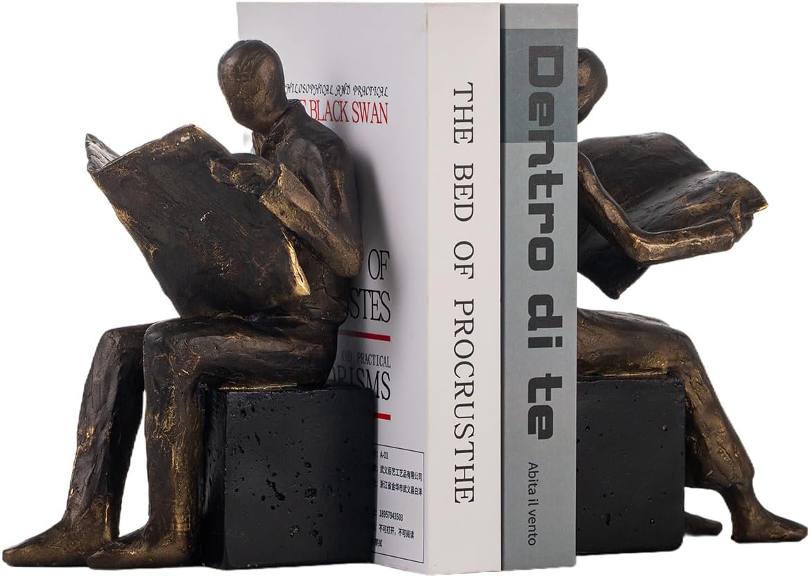 Lukitas Thinker Decorative Bookends, Non-Slip Book Holder, Book Ends for Shelves Living Room Office Home Decor, Resin, 1Pair/2Piece 9''