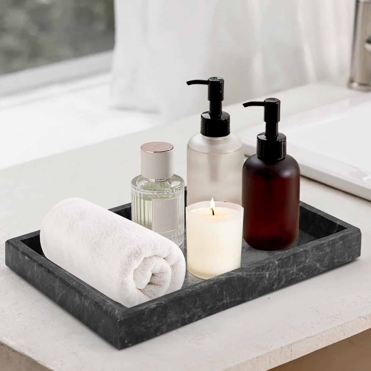 Marble Bathroom Tray,Pure Natural Vanity Tray,Marble Tray for Kitchen Counter Non-Ceramic/Non-Resin,Stone Trays 12 x 8 inch Cyan Green