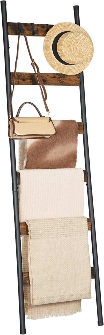 HOOBRO Blanket Ladder, 5-Tier Towel Rack with Hooks, Wall-Leaning Blanket Rack, Decorative Display Ladder Shelf, for Scarves, Industrial, Living Room, Bedroom, Rustic Brown and Black BF52CJ01