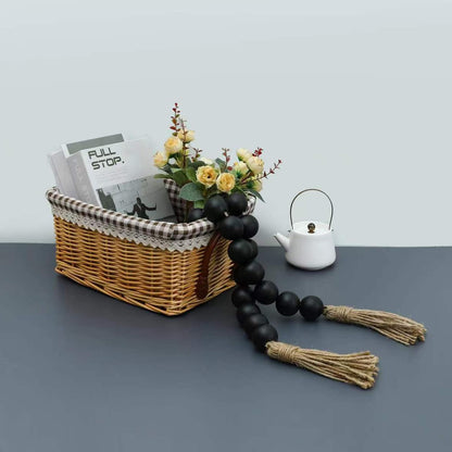 Farmhouse Decor Large Wood Bead Garland 50inch long with 1.6" Diameter beads, Natural Wooden Beads Decor with Tassels Decorative Boho Country Decoration for Coffee Table Home Tiered Tray Wall Hanging