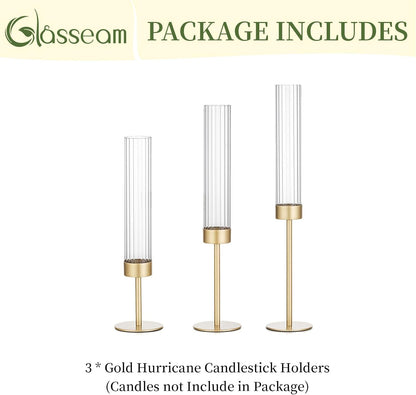 Gold Hurricane Taper Candle Holders: Glasseam 3Pcs Brass Candlestick Holders with Ribbed Glass Cylinder Cover Fluted Tall Candle Sticks Holder Decor for Table Centerpiece Wedding Christmas Decorations
