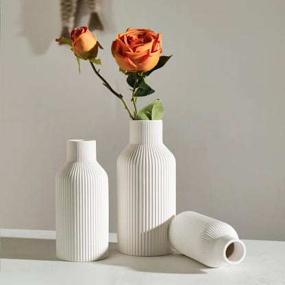 Bohemian White Ceramic Vase - for Pampas Grass, Mantel, Bookshelf, Entryway and Living Room Decor (White, 7in)