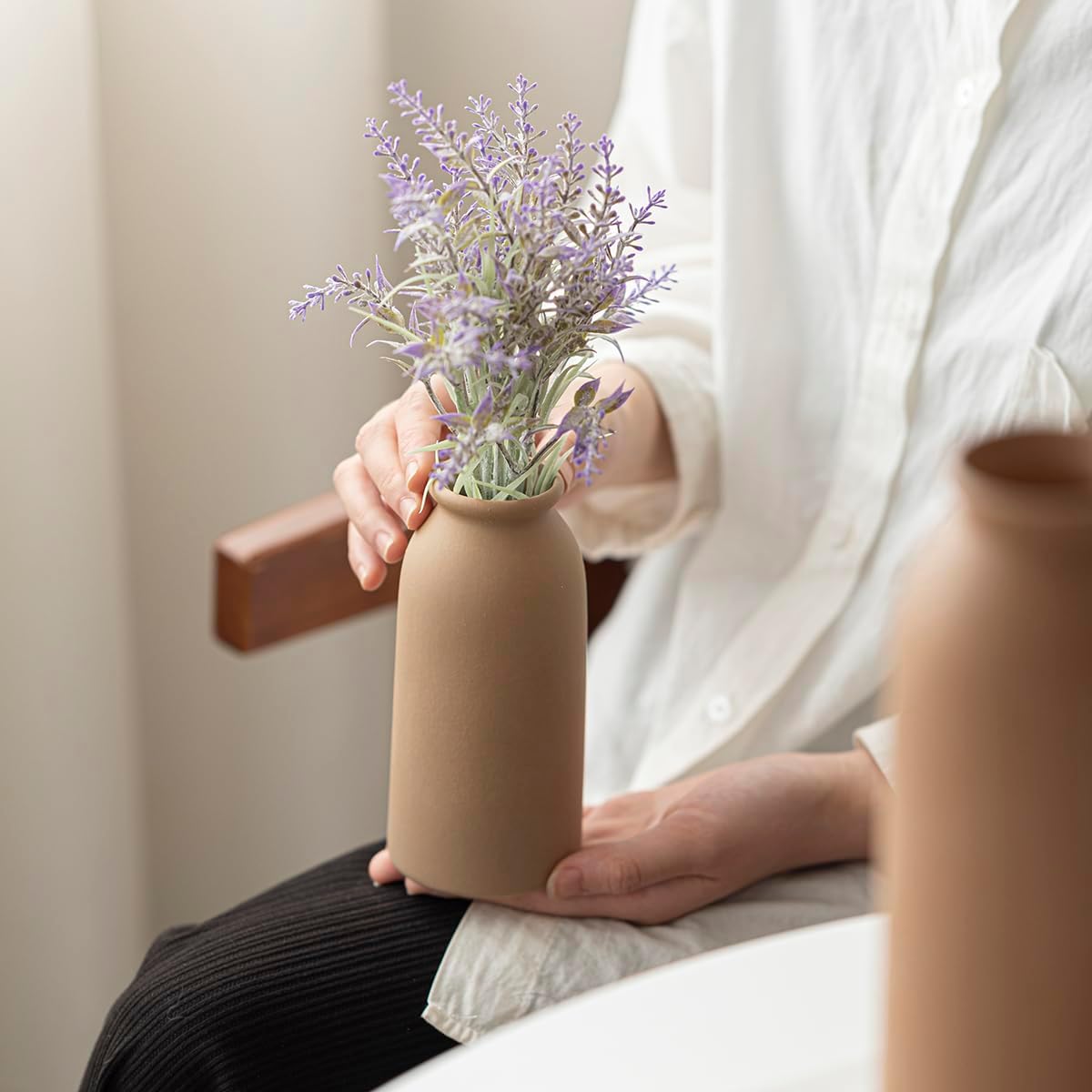 Ceramic Vase Set-3, Small Flower Vases for Decor, Modern Boho Farmhouse Style, Decorative Vases for Pampas Grass & Dried Flowers, Distressed Finish (Beige)
