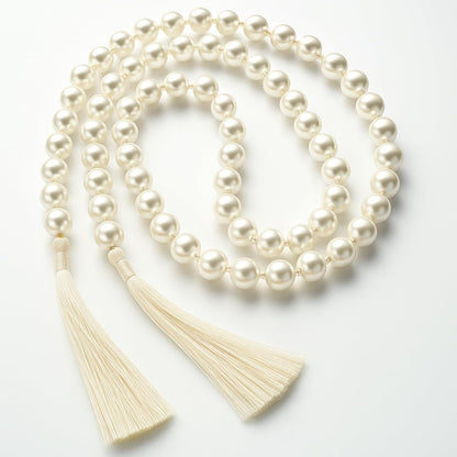 Quelay 58 Inch Pearl Glass Bead Garland 16mm with Tassels Elegant Boho Wedding Table Decor Healing Bead Prayer Fringe Wall Shelf Hanging for Wedding Party Farmhouse Rustic Home Decoration(Beige)