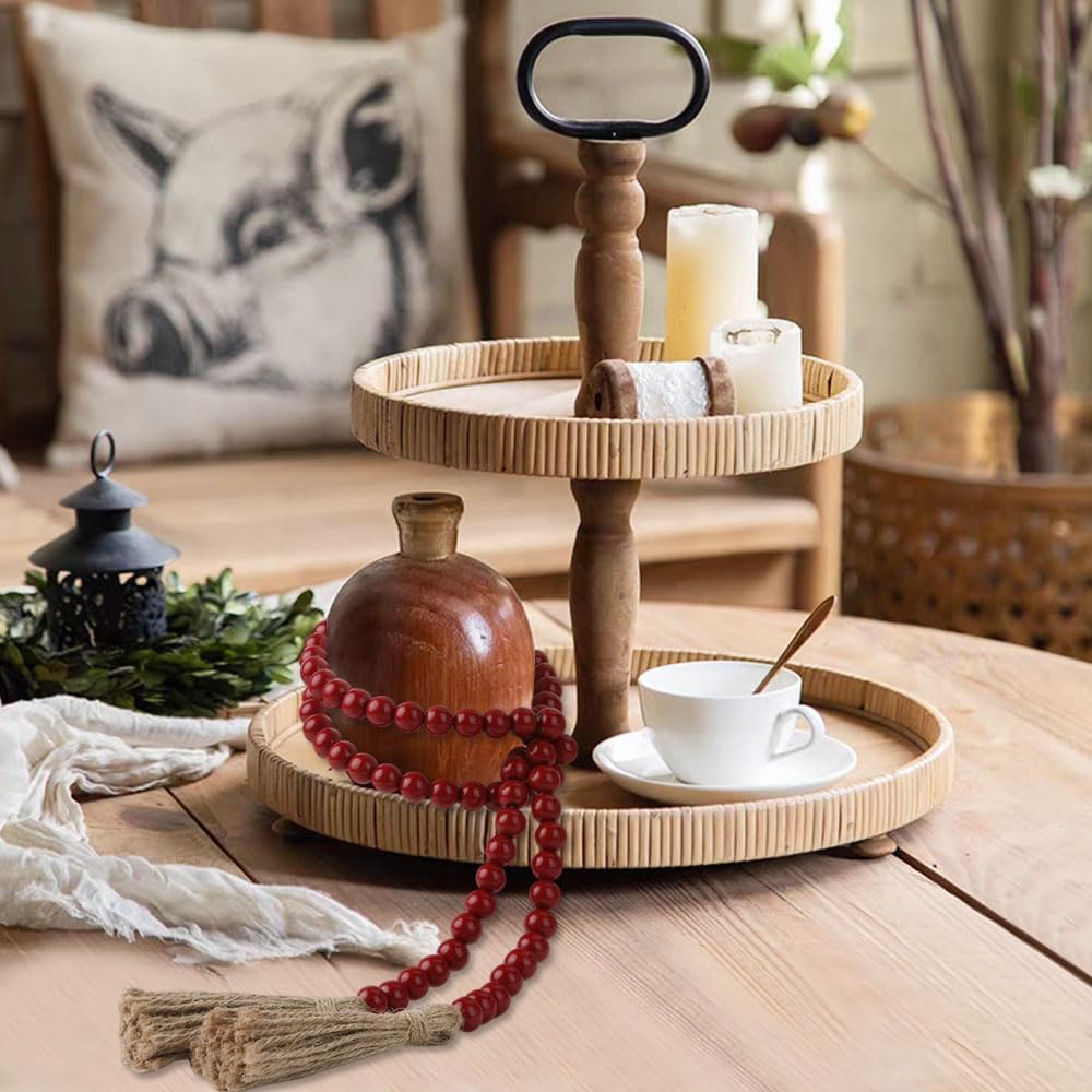 Wood Bead Garland 58 Inch Nature Wooden Beads for Boho Farmhouse Table Home Decor with Tassel, Wooden Prayer Bead, Rustic Country Boho Wall Hanging Decor for Kitchen Modern Living Room Tray Vase Shelf