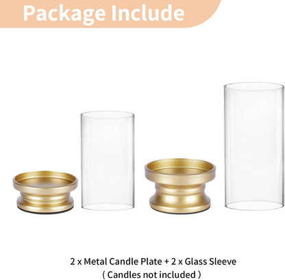 NUPTIO Hurricane Candle Holder Gold: Pillar Candle Holders with Clear Glass Sleeve - Set of 2 Decorative Brass Metal Pillars Stand for Dining Table Centerpiece Shelf Fireplace Mantel Decor