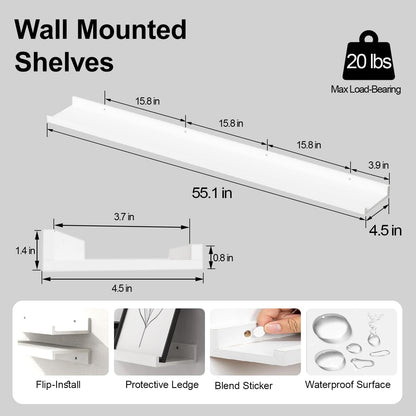 White Floating Shelves for Wall Decor, Wall Mounted Wood Storage Shelf for Bedroom, Living Room, Bathroom, Kitchen, Nursery, Display Picture Ledge Shelf with Lip Set of 2-14 Inches, White