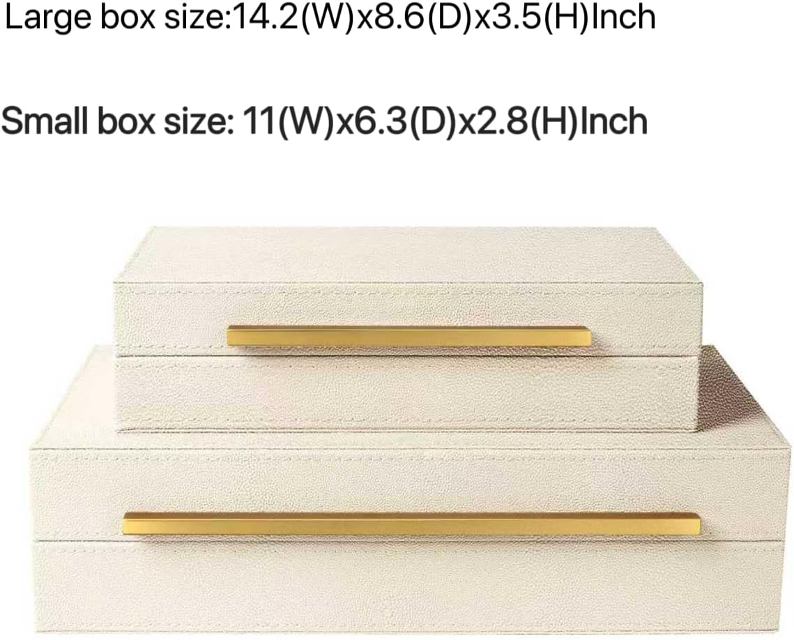 Sagala Set of 2 Ivory Shagreen Decorative Boxes With Black Metal Handles, Faux Leather Jewelry Boxes Modern Storage Boxes Photo Boxes Memory Boxes Home Organizer Box(Ivory)